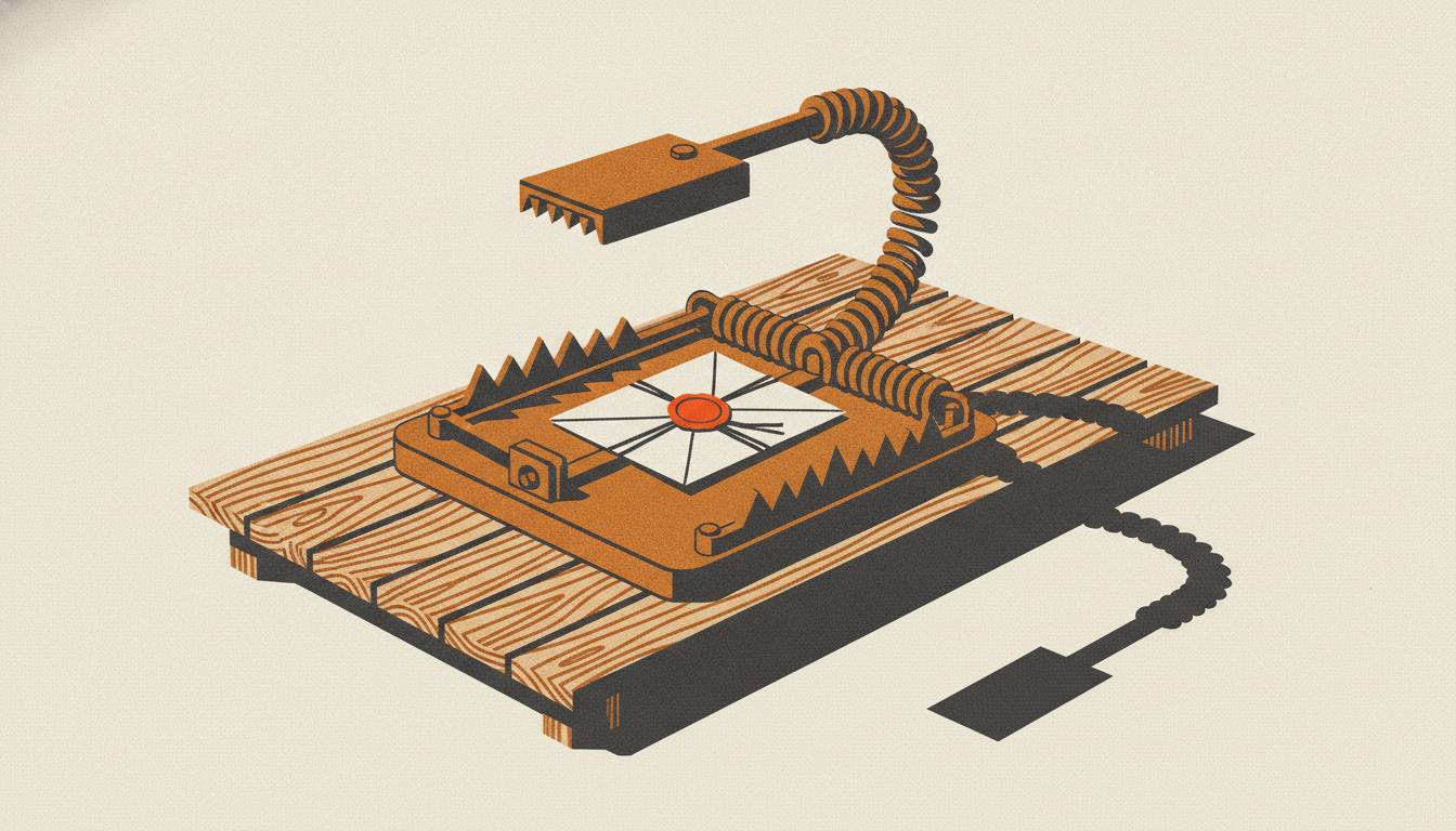 A steel snap trap on a wooden dock is baited with a wax-sealed envelope under harsh warehouse lights.