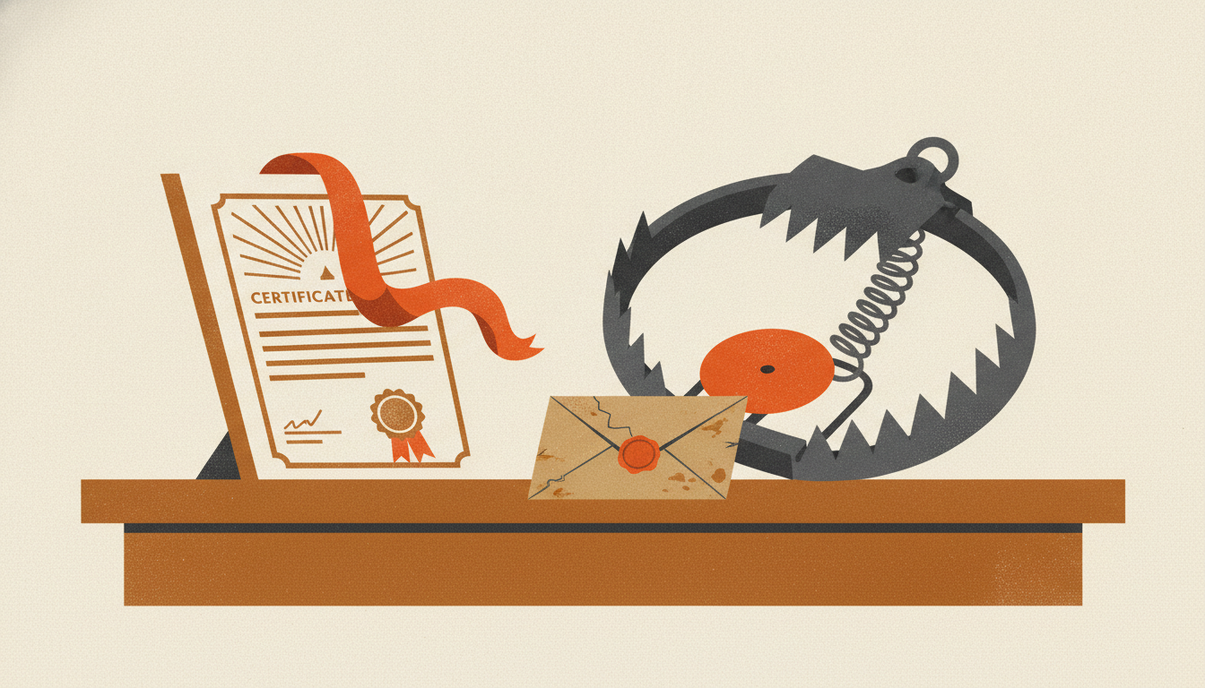 A crisp new certificate rests beside a steel spring-trap baited with a duplicate envelope on a dark desk.