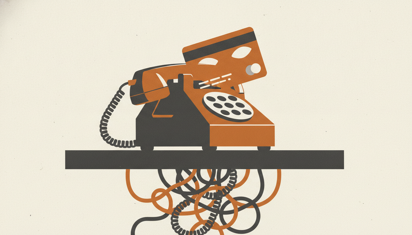 A blank credit card cut like a masquerade mask rests over an off-the-hook telephone handset.