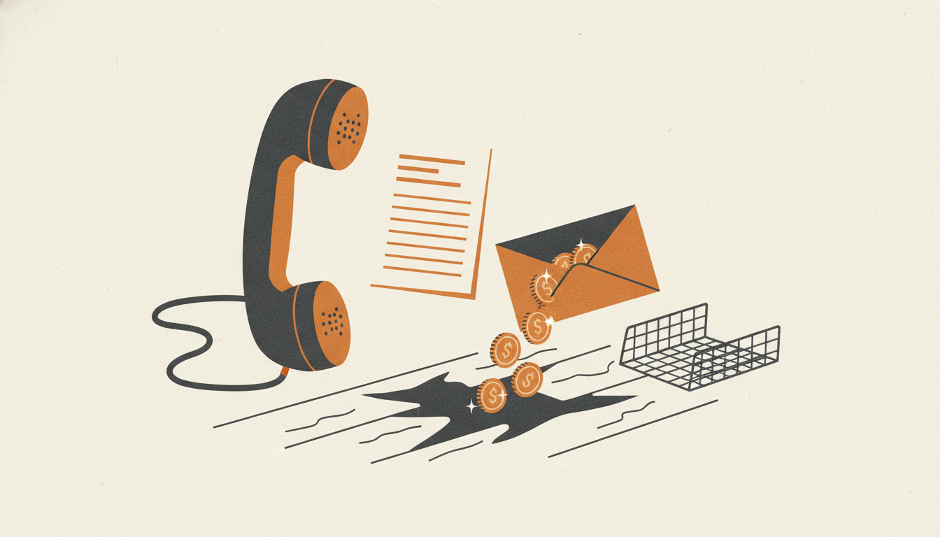 A telephone receiver sits off the hook near an open envelope dropping coins through a crack in the floorboards.