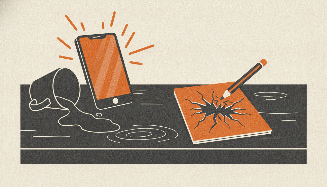 A glowing smartphone vibrates on a worn wooden desk next to a torn notepad and a snapped pencil.