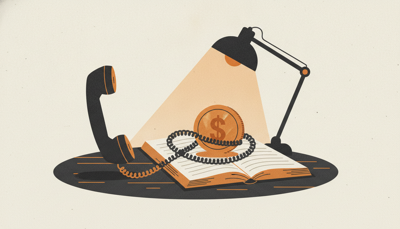 A telephone receiver off its cradle has its cord wound tightly around an open ledger holding a heavy brass coin.