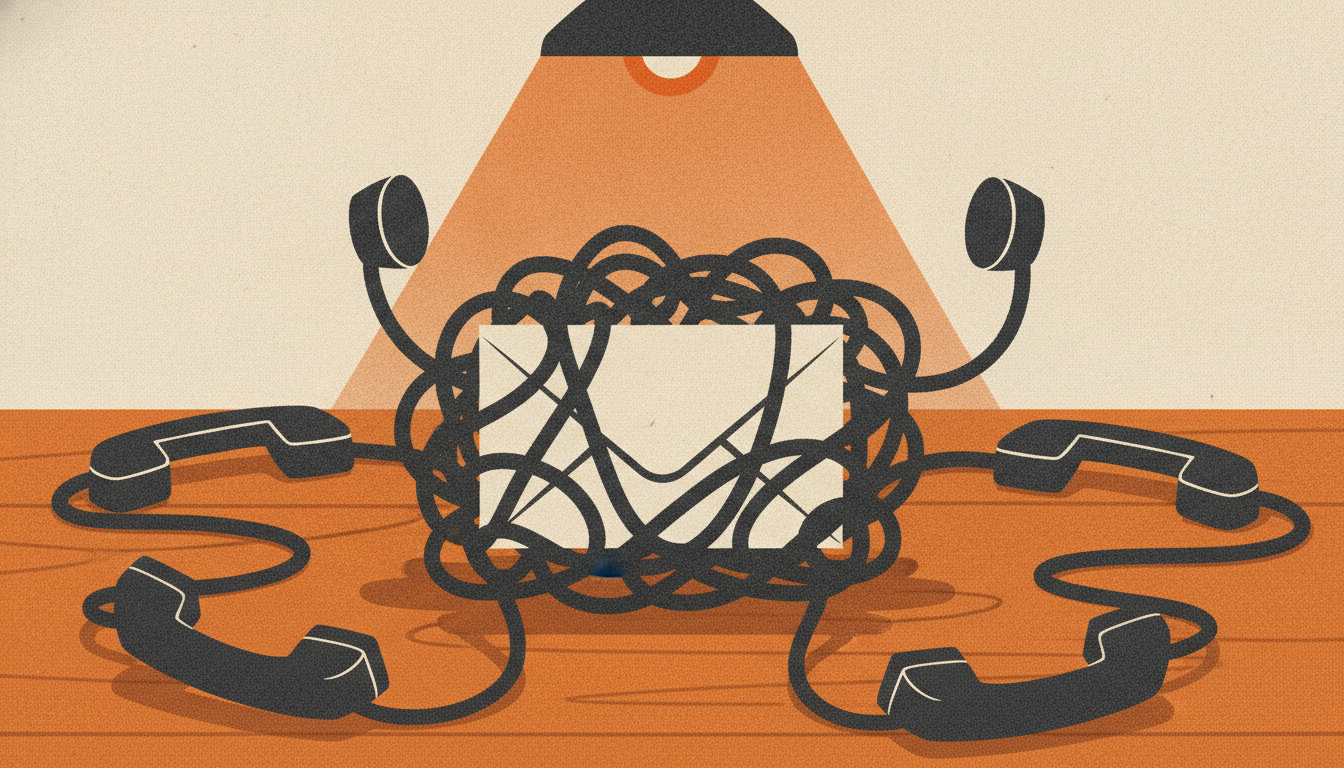 A lone envelope on a dark desk is tightly encircled and trapped by a heavy tangle of black telephone cords.