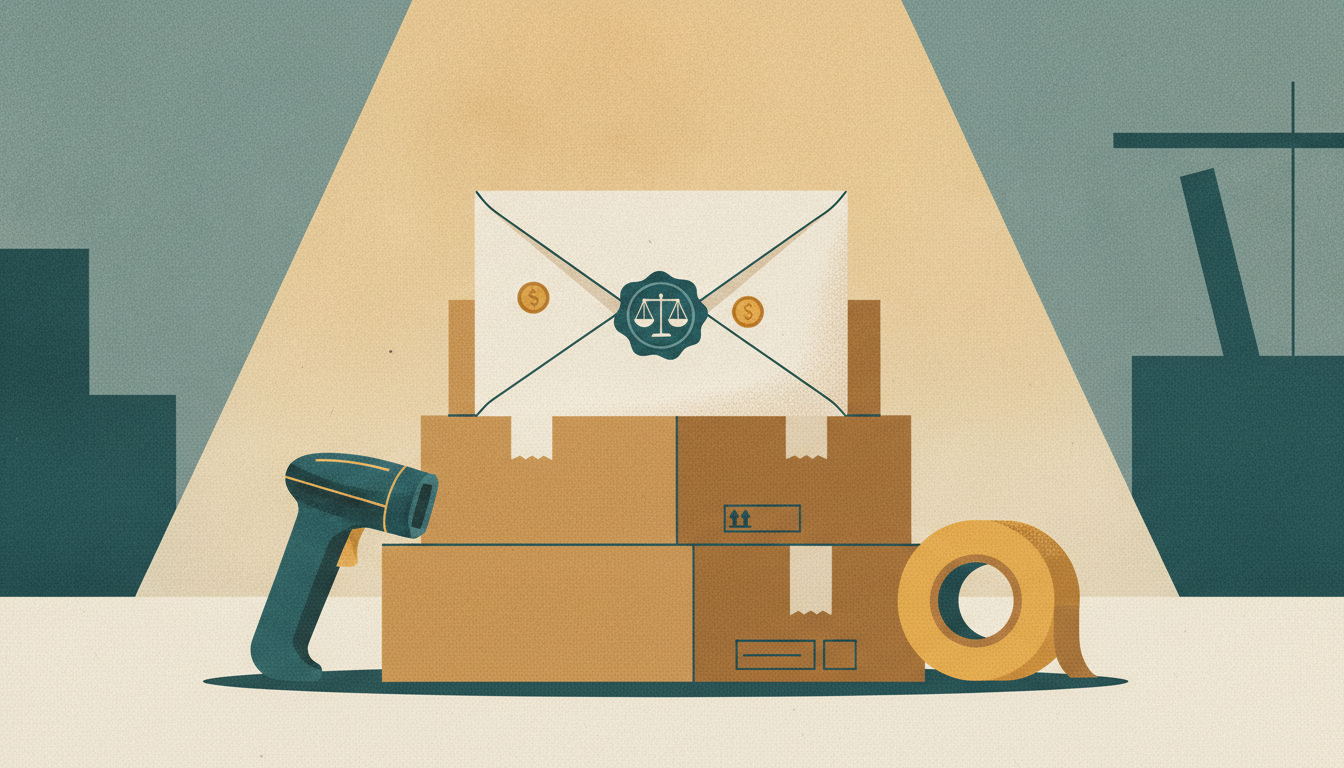 A wax-sealed invitation envelope rests on a stack of cardboard shipping boxes beside a roll of packing tape.