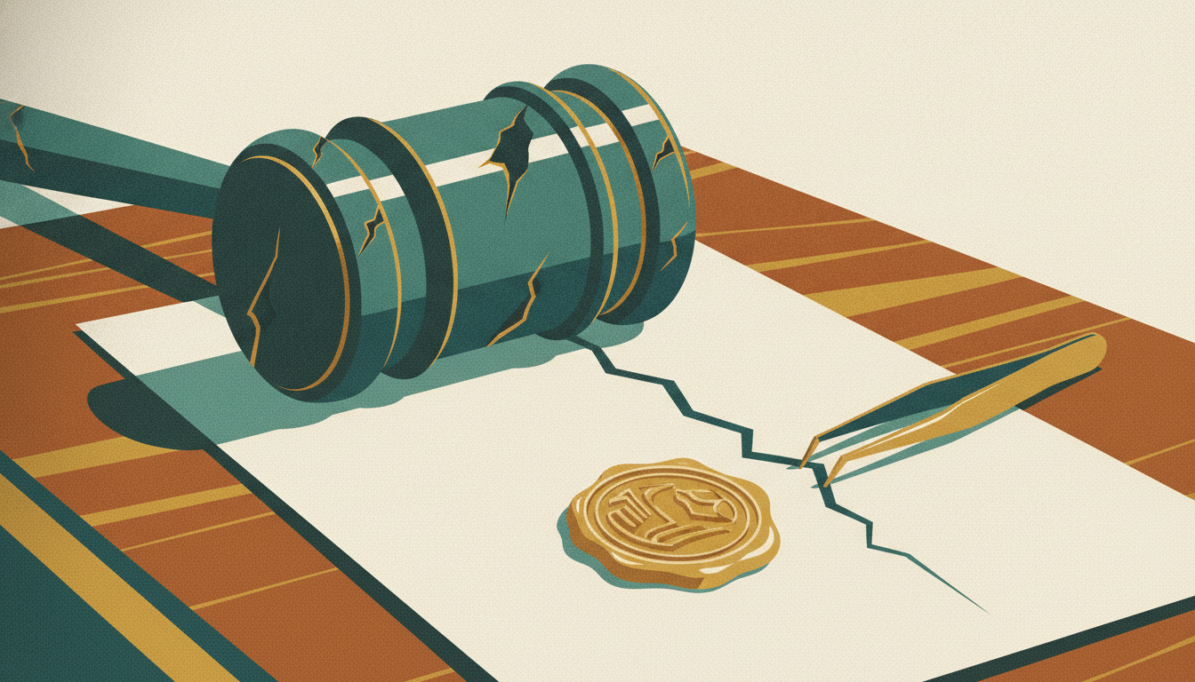 A golden-sealed certificate sits partially crushed beneath a scarred wooden gavel on a dark mahogany desk.
