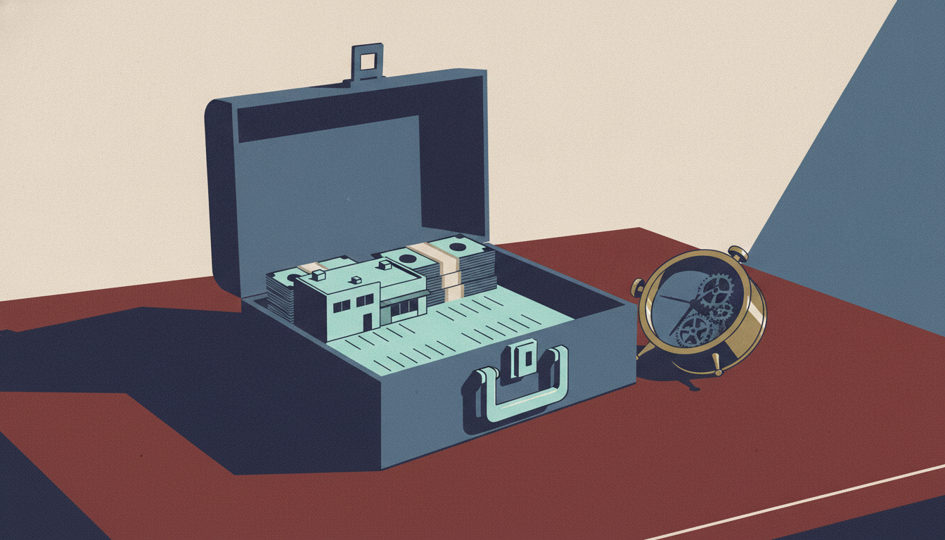 An open metal cash box holds banded bills and a miniature strip mall model beside a brass mechanical clock.