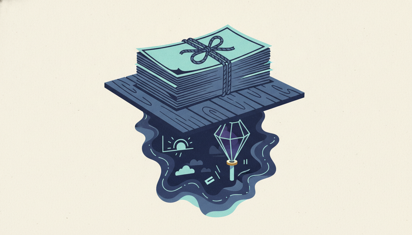 A bundle of stock certificates rests on a wooden trapdoor propped open by a precarious glass crystal.