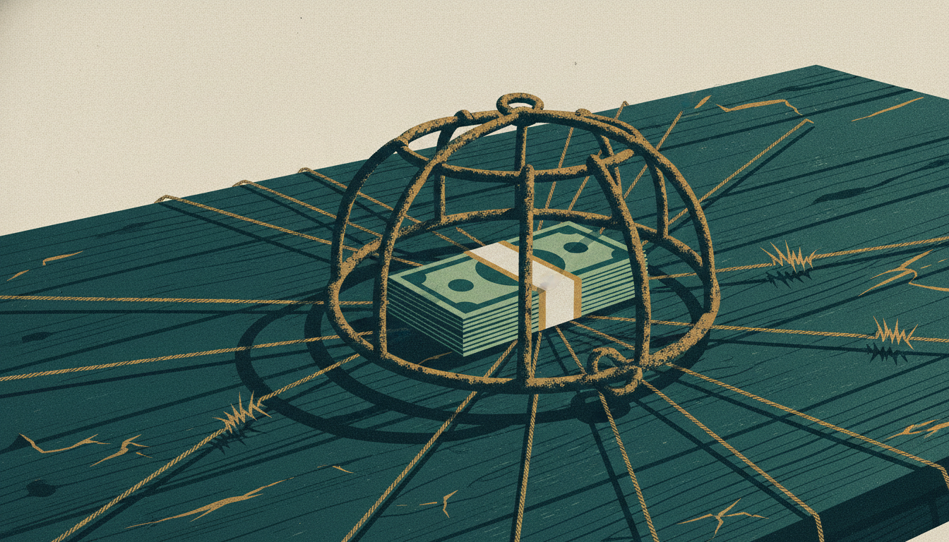 A neat stack of paper currency sits caught inside a rusted wire trap on a scuffed wooden desk.