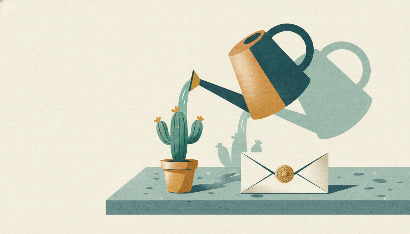 A copper watering can pours water over a small blooming cactus beside a sealed envelope on a sunlit stone table.