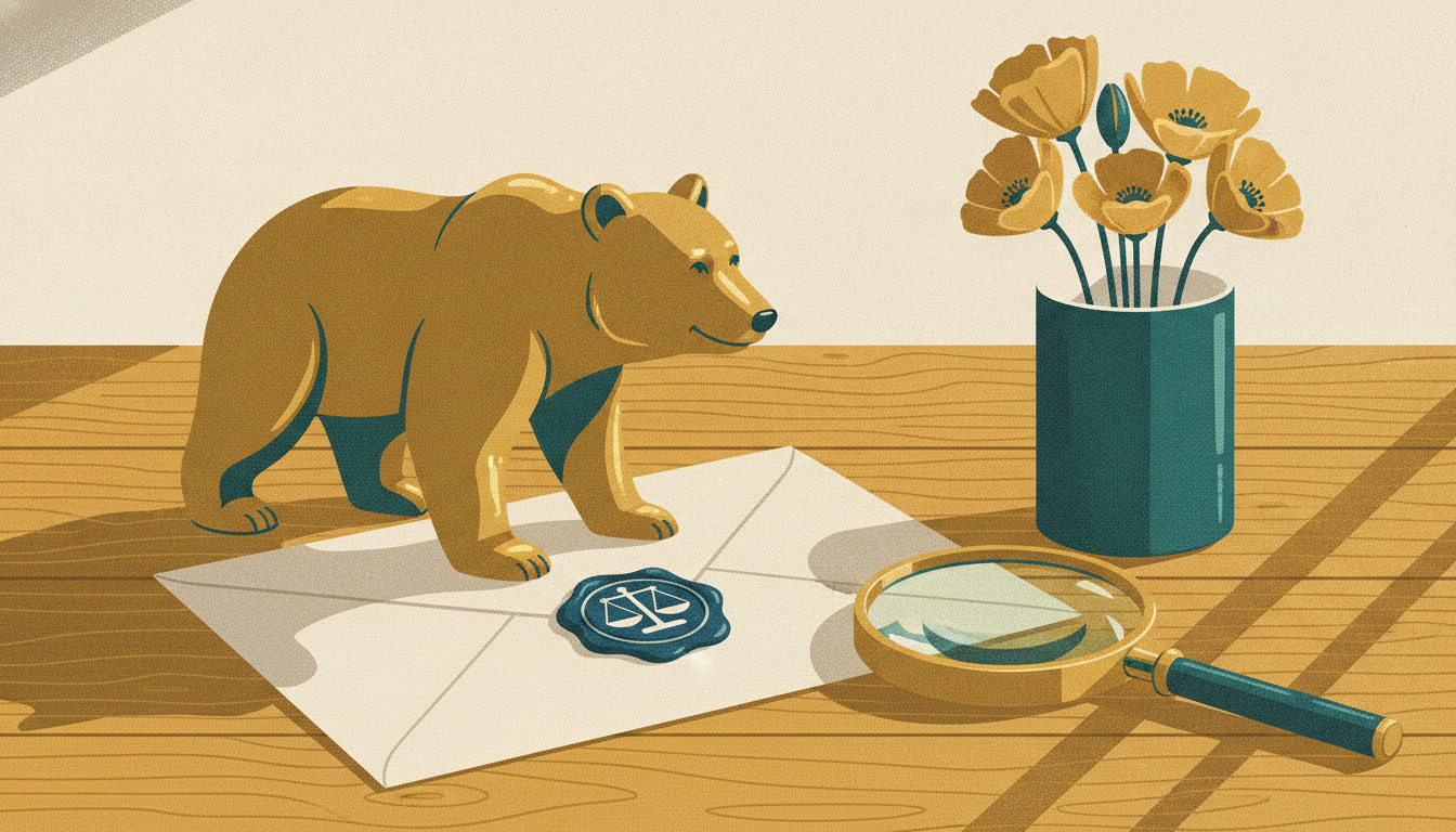 A brass bear paperweight holds down a wax-sealed envelope on a sunlit wooden desk beside a magnifying glass and poppies.