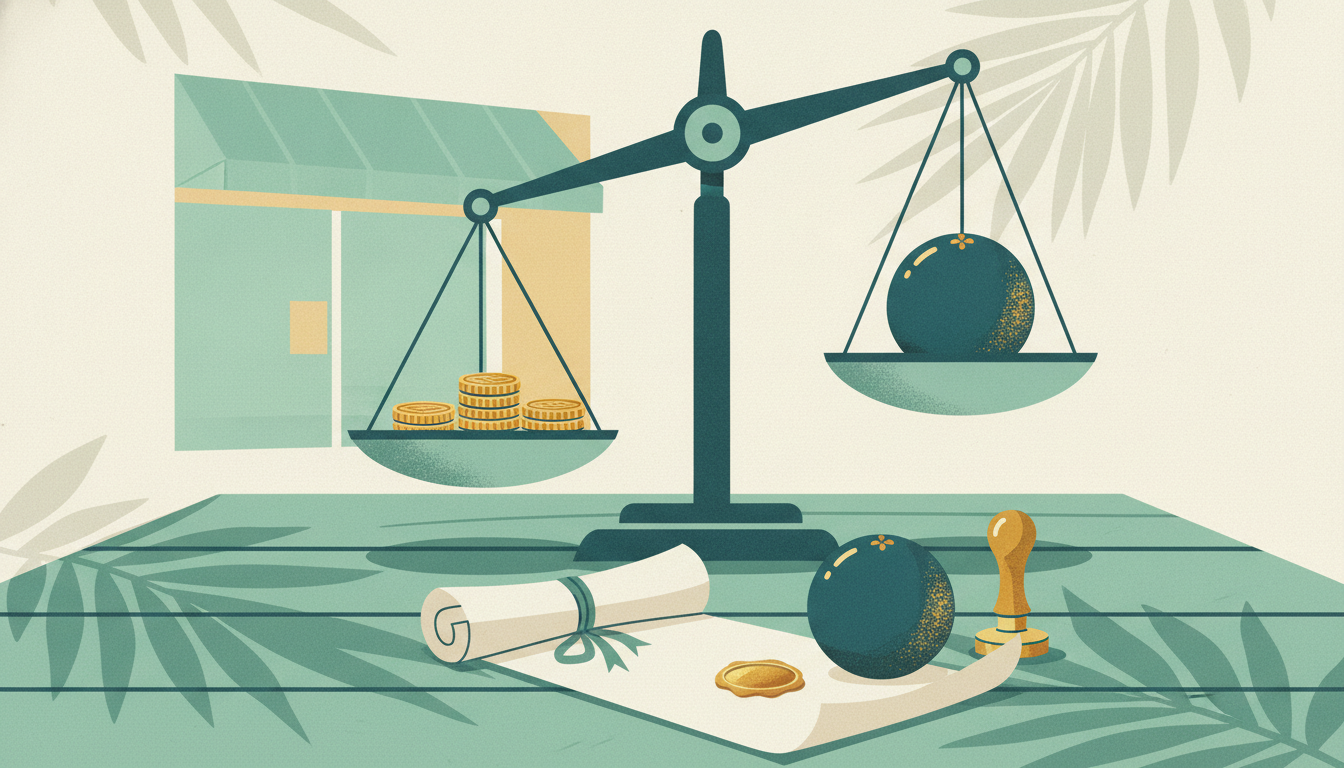 An official ribbon-tied document rests on a sunlit table beside a ripe orange and a brass wax seal stamper.