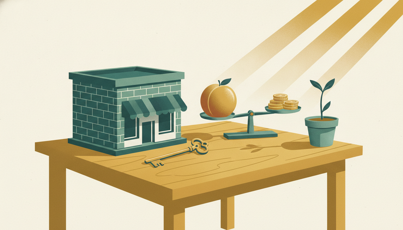 A ripe peach and a brass key rest beside a miniature brick storefront model in warm morning sunlight.