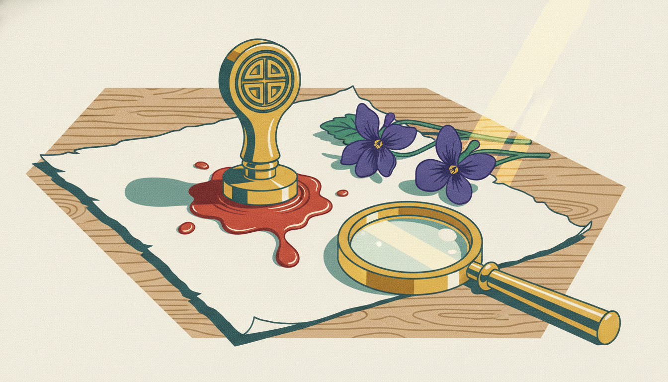 A brass stamper presses into red wax on parchment beside a magnifying glass and purple violets on an oak desk.