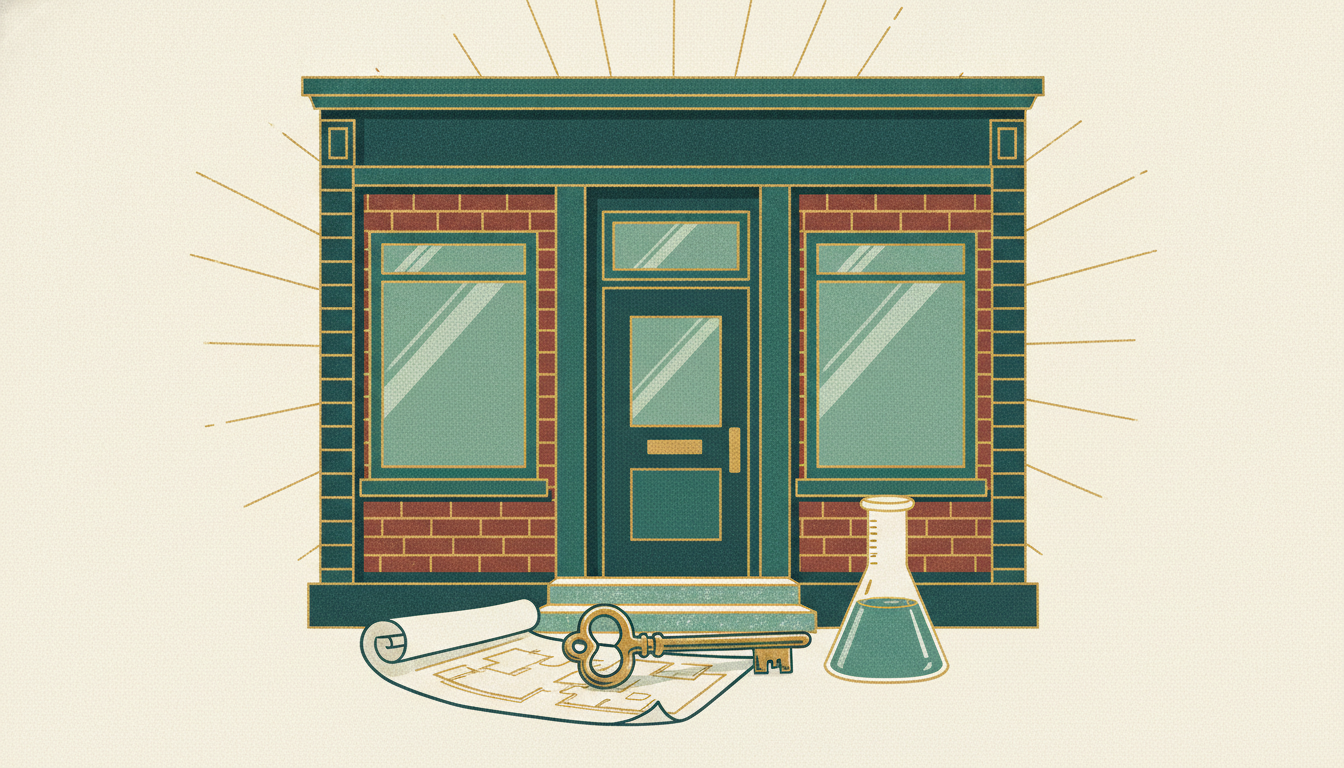 A brass key and glass beaker weigh down a blueprint on the stone step of a restored brick storefront.