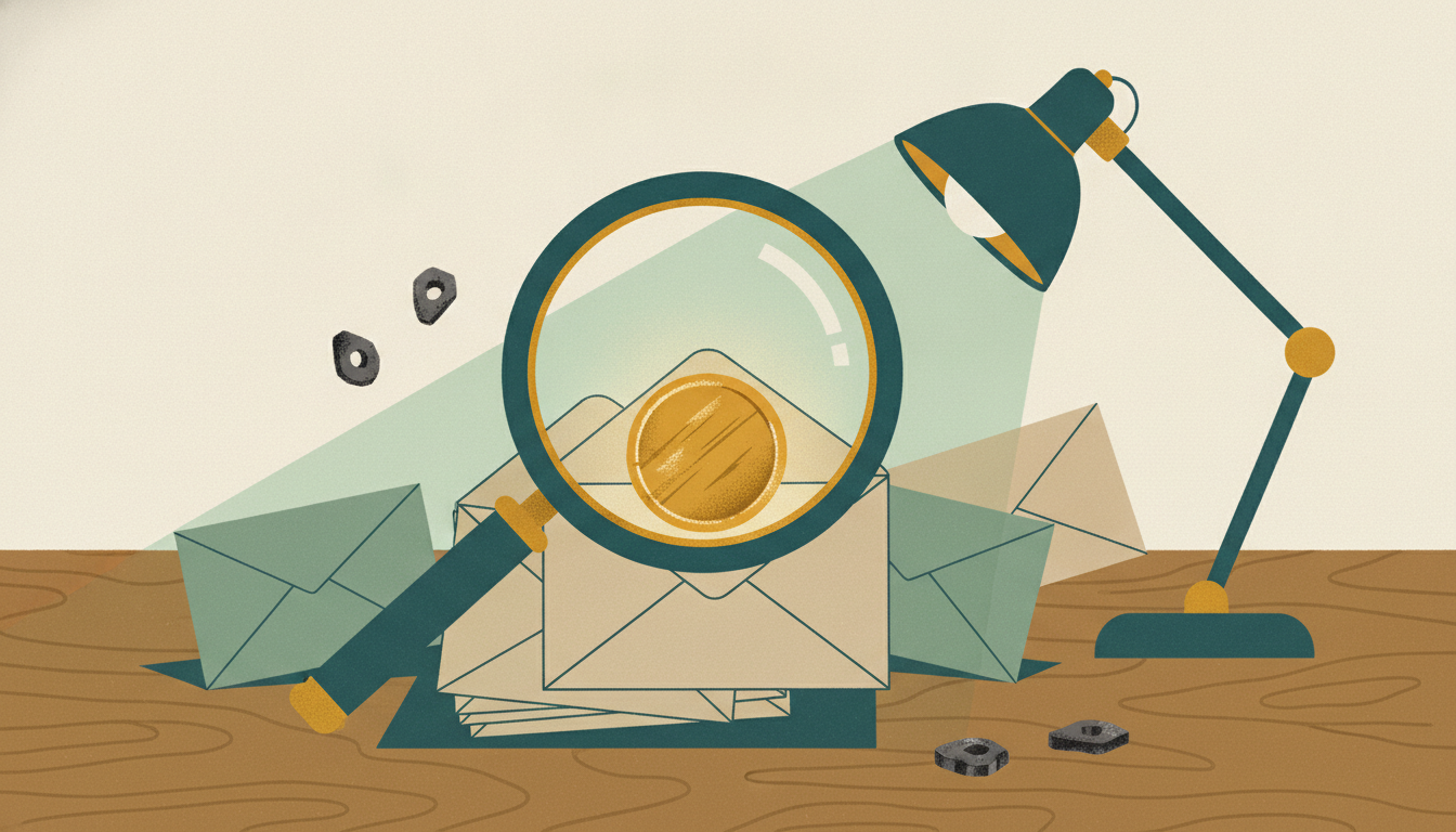 A magnifying glass inspects a single gold coin resting on an envelope among empty paper mail and dull metal tokens.