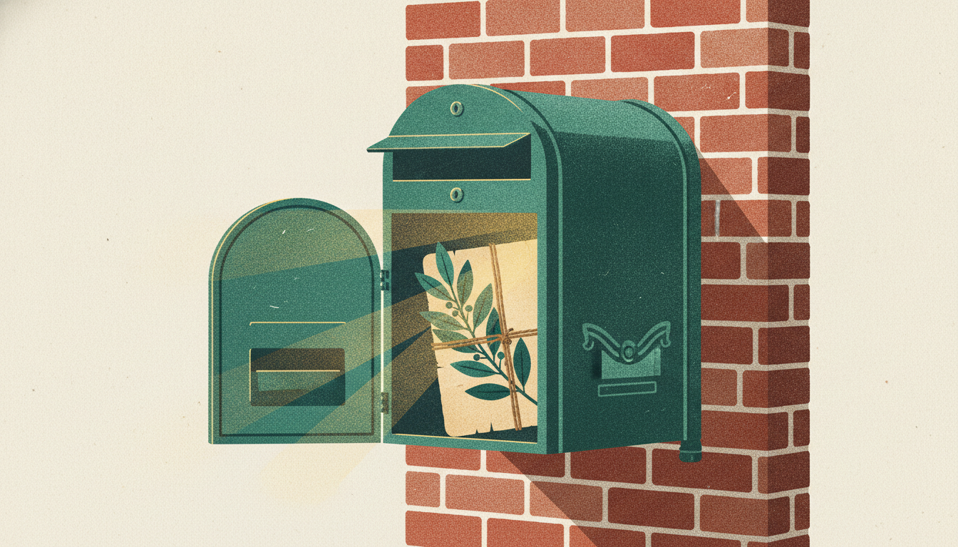 A vintage brass wall postbox swung wide open, holding a tied parchment parcel and fresh laurel sprigs.