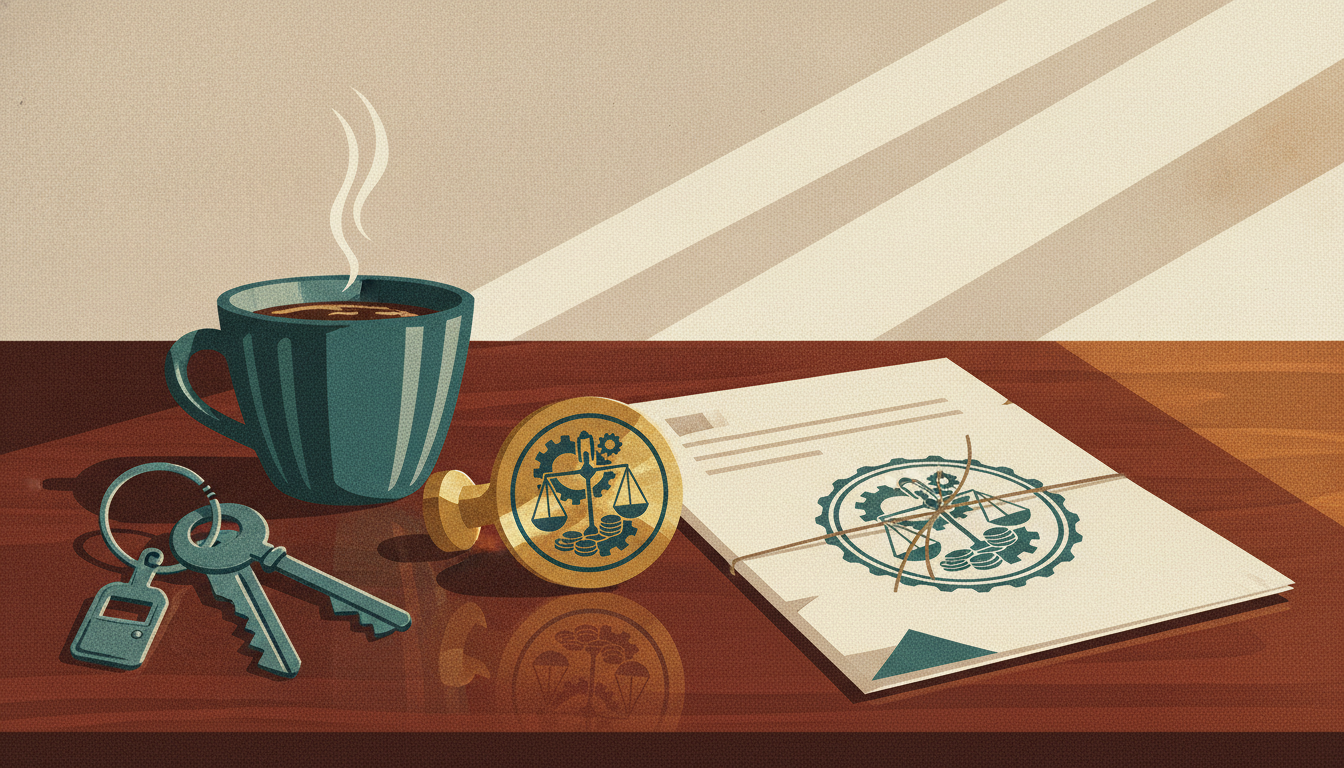A brass embossing seal rests on paperwork beside a set of store keys and a ceramic diner mug on a wooden desk.