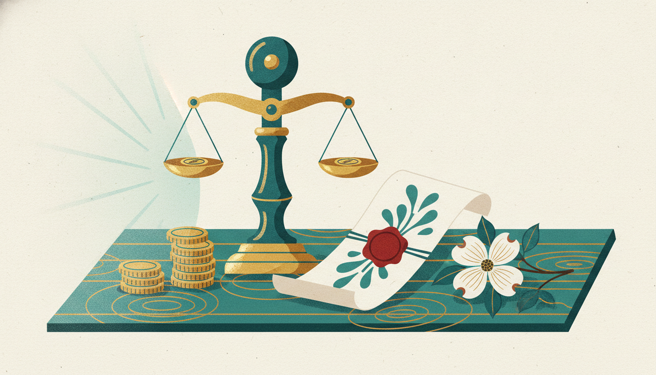 A brass desk stamp and a wax-sealed document sit beside white dogwood blossoms and a neat stack of gold coins.