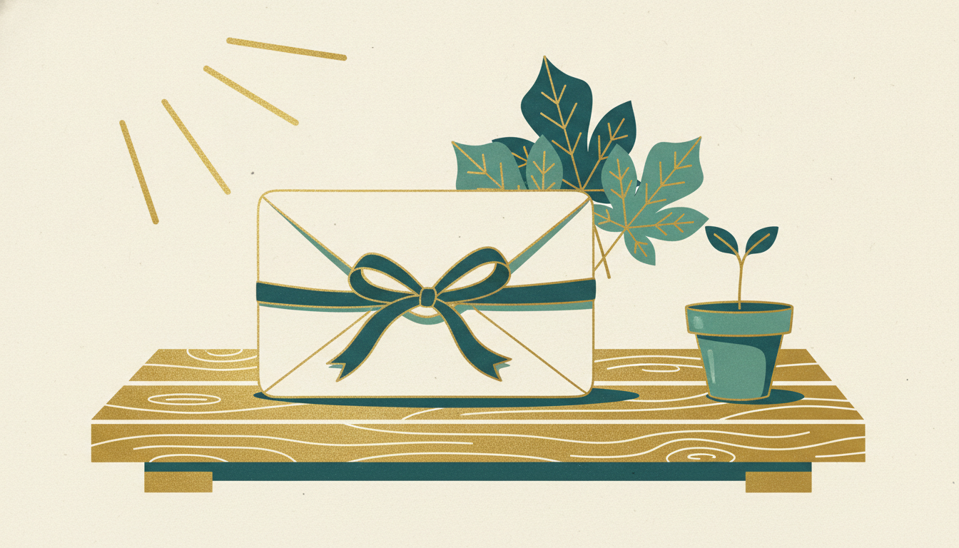 A ribbon-tied envelope rests beside buckeye leaves and a tiny seedling in a clay pot on a wooden workbench.