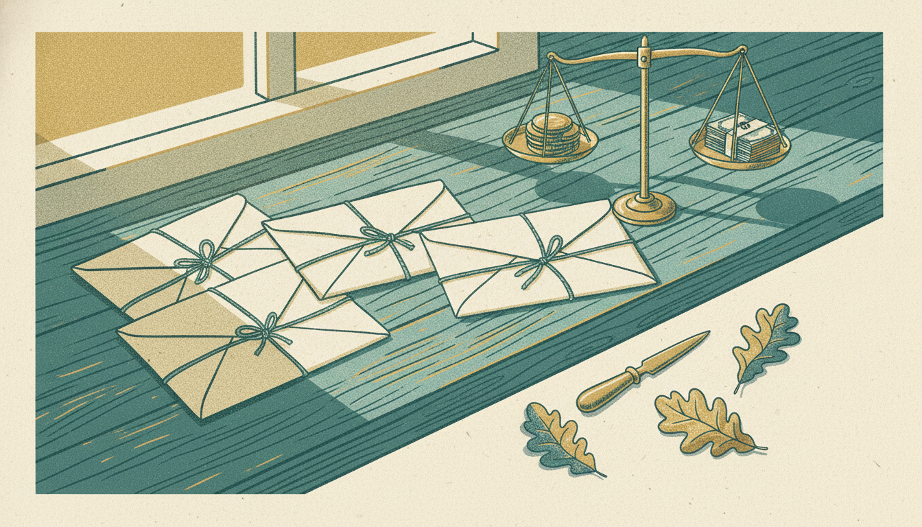 Five paper envelopes rest on a sunny wooden counter alongside autumn leaves and a brass letter opener.