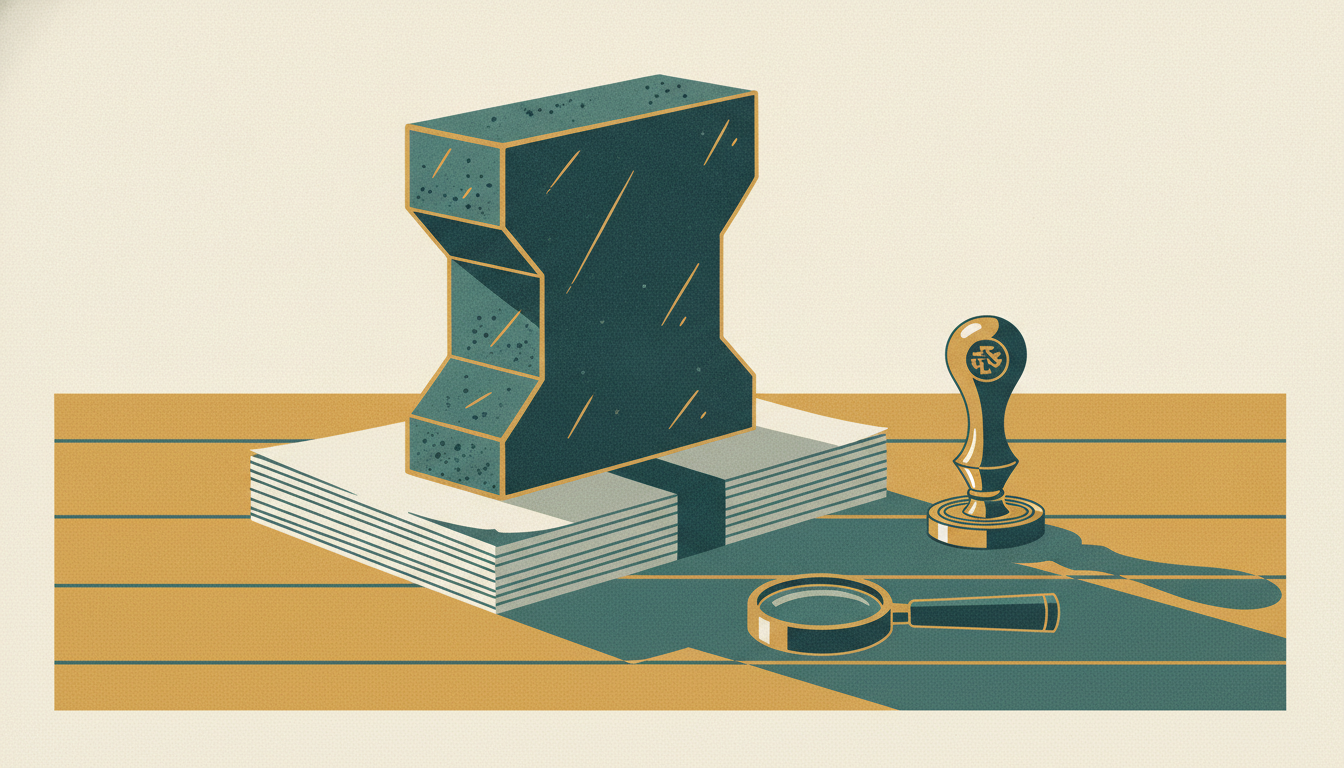 A carved stone keystone rests atop a ribbon-bound stack of grant paperwork next to a brass wax stamp on a wooden desk.