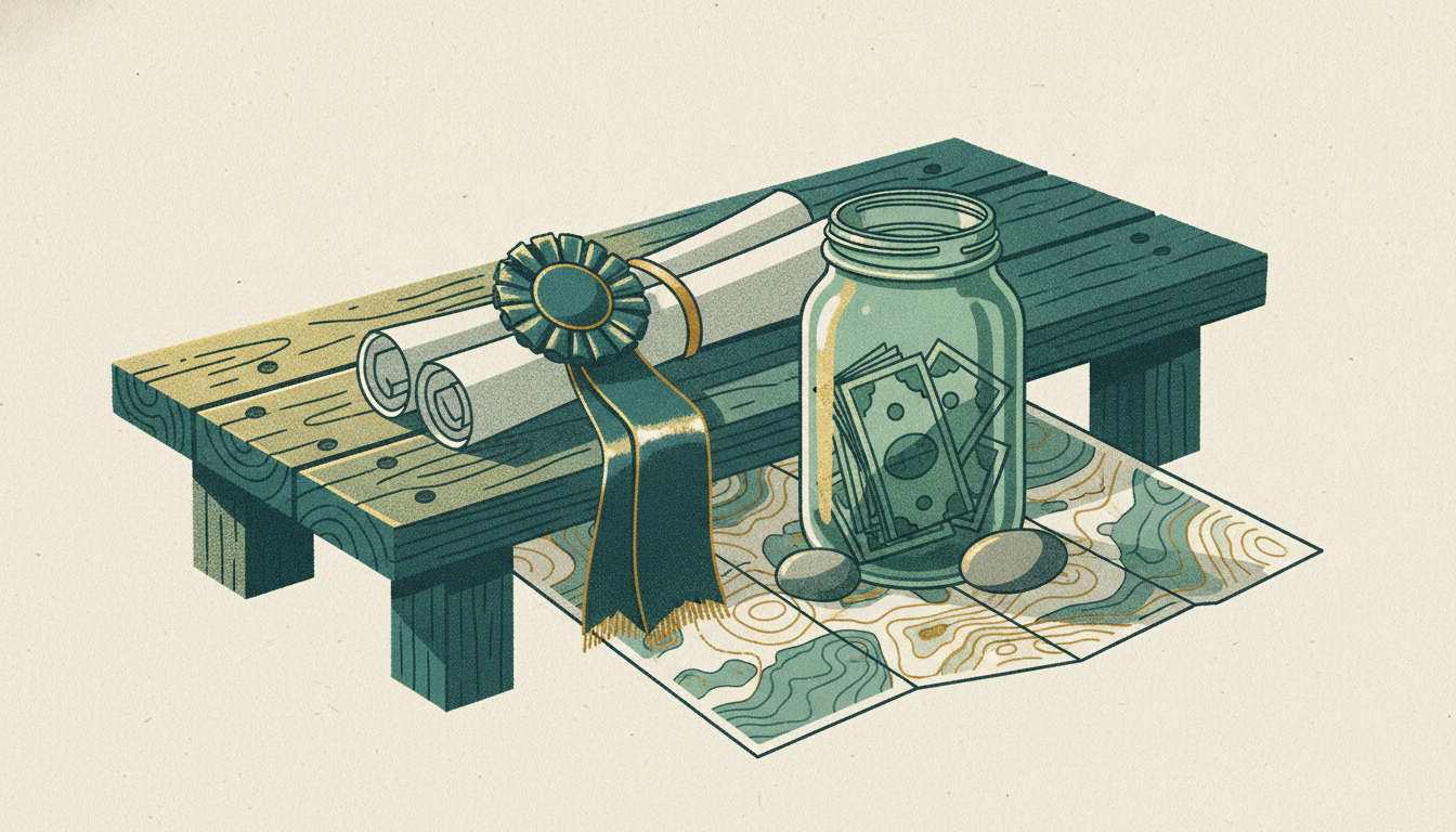 A satin prize ribbon and jar of cash sit on a wooden workbench beside rolled blueprints and a topographic map.