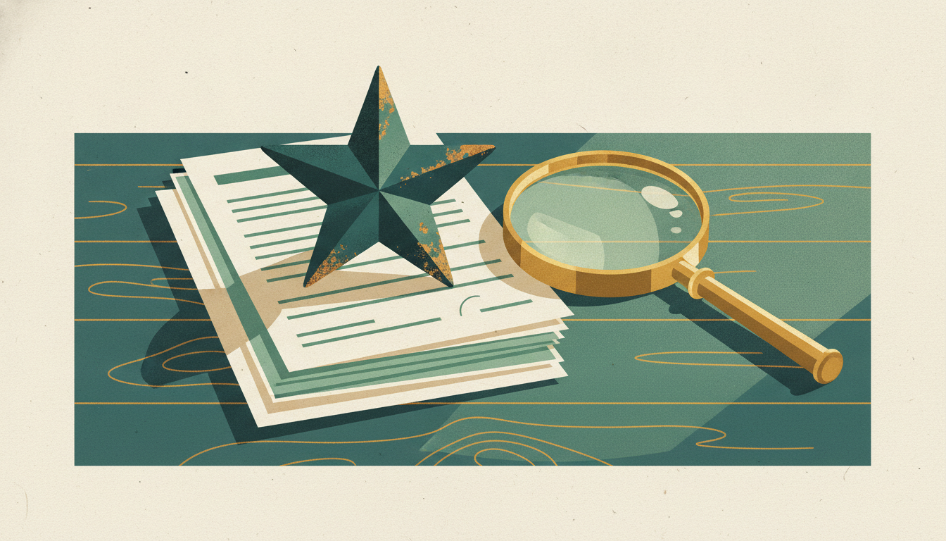 A cast-iron star paperweight and a brass magnifying glass rest on a stack of official documents on a wooden desk.