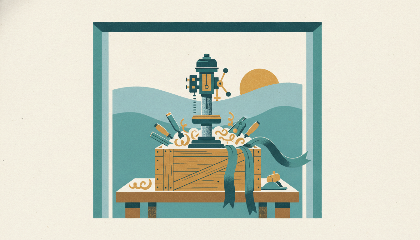 A heavy steel drill press inside a wooden shipping crate is wrapped in a green ribbon in a workshop facing rolling hills.