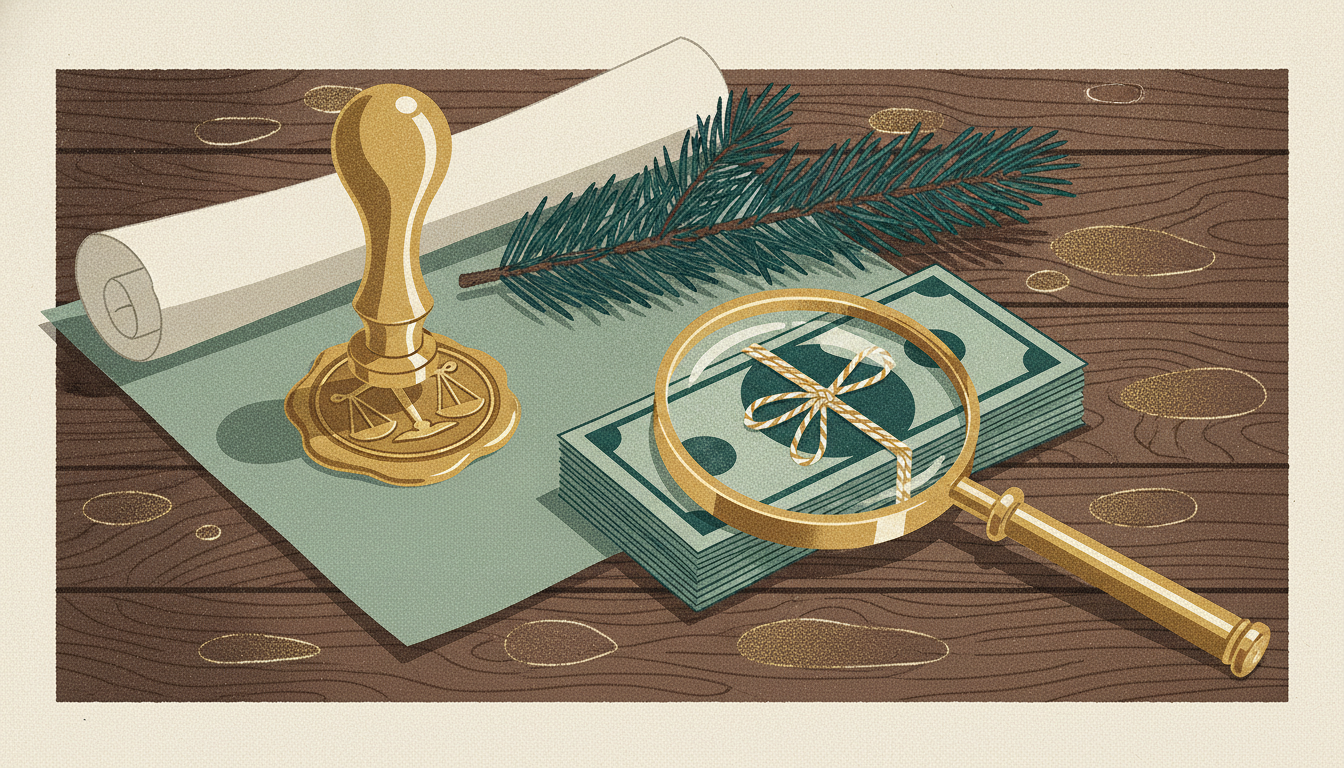 A brass wax seal, evergreen sprig, and magnifying glass sit beside a bundle of cash on a rain-damp cedar desk.
