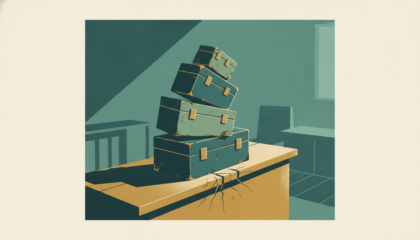Five heavy metal cash boxes teeter in a fragile vertical stack on a cracked, bowing wooden counter.