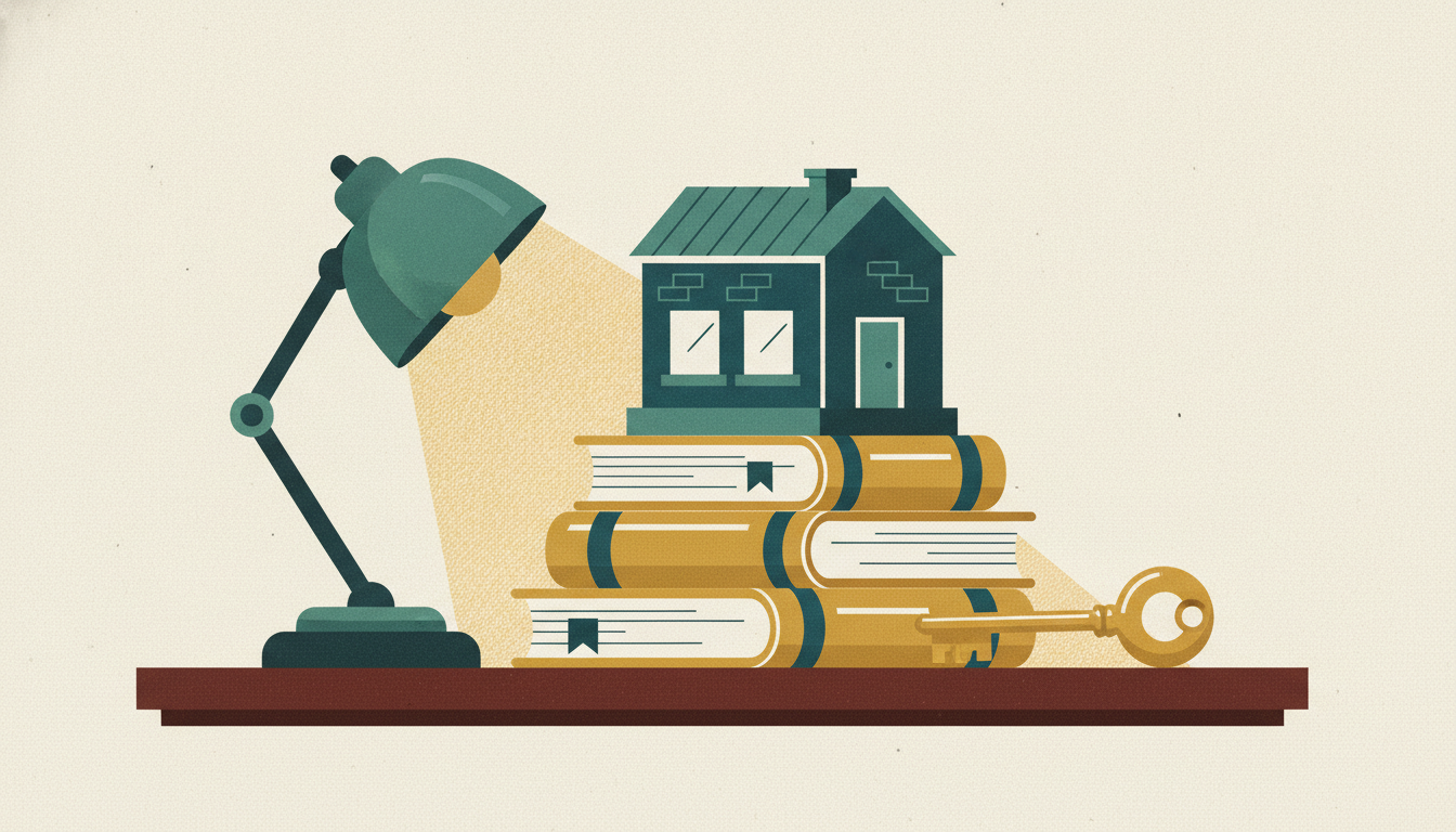 A miniature storefront rests on three stacked leather books illuminated by a green banker's lamp on a wooden desk.