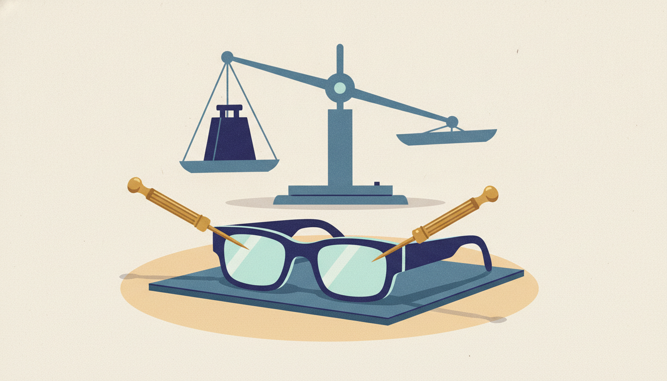 Smart glasses sit on a jeweler's velvet mat beside precision screwdrivers and a tilted brass scale.