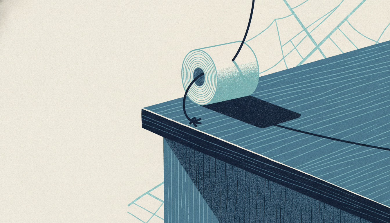 A roll of white medical gauze hangs precariously over a desk edge, anchored by a single black thread.