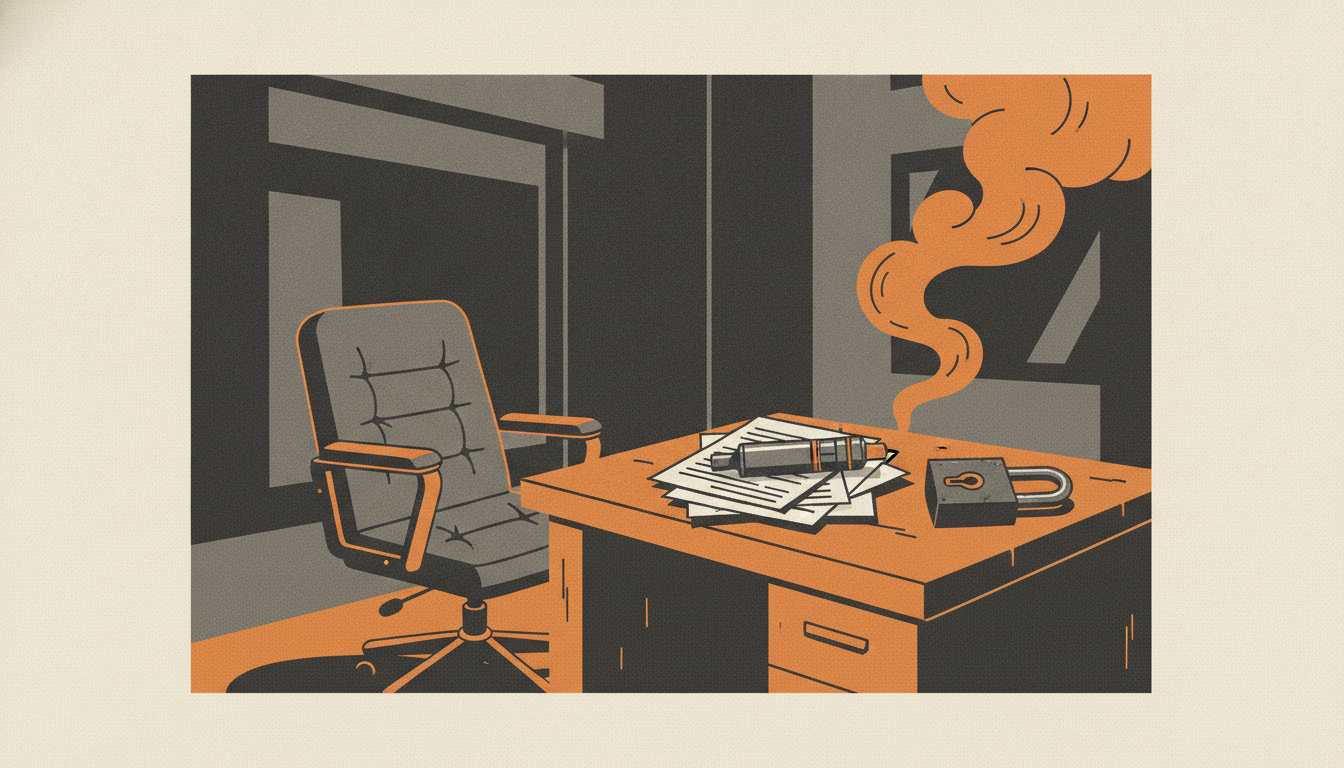 A glowing vape pen and an open padlock sit atop crumpled papers on an abandoned office desk in a dim storefront.