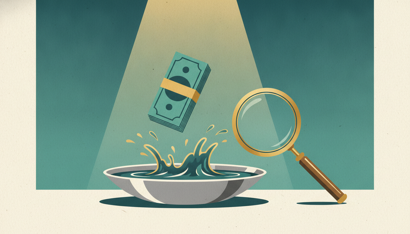 A thick bundle of cash drops into a steel basin of water, creating a frozen splash beside a brass magnifying glass.