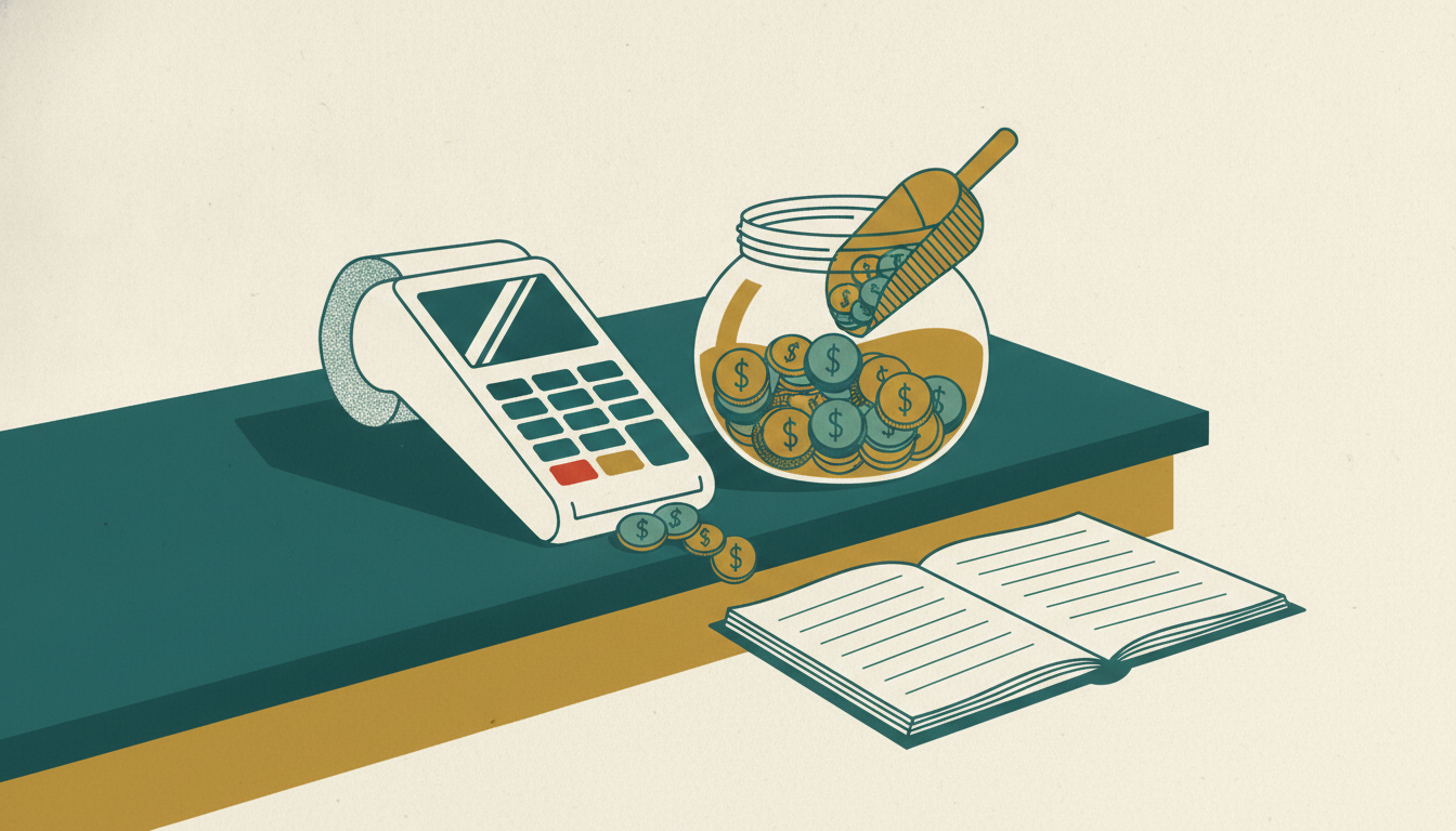 A brass scoop measures out coins from a glass jar beside a white countertop card reader on a wooden surface.