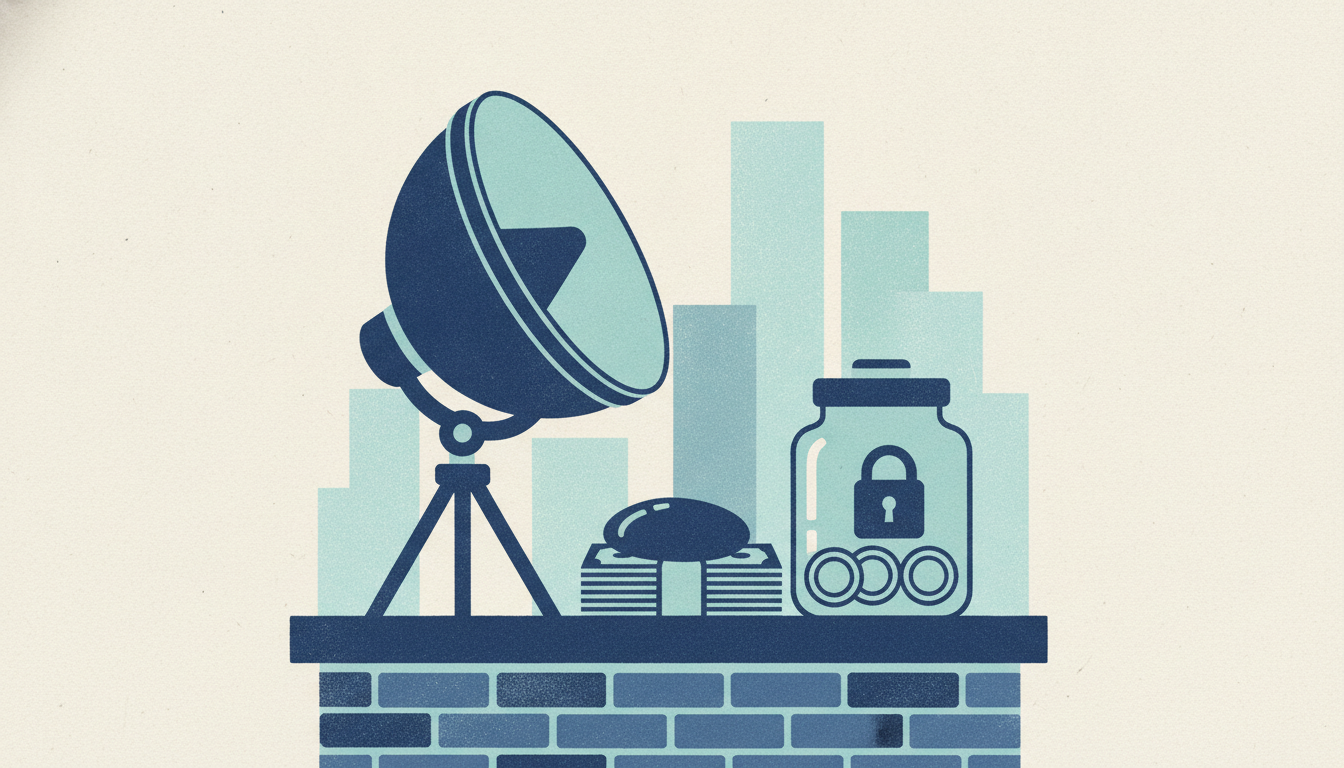 A parabolic microphone on a rooftop ledge beside a stack of bills and three coins trapped inside a locked glass jar.