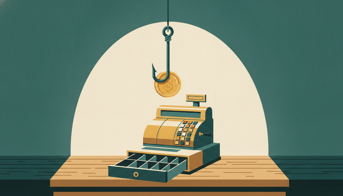 A shiny, empty cash register drawer sits beneath a sharp fishhook baited with a coin dangling from above.