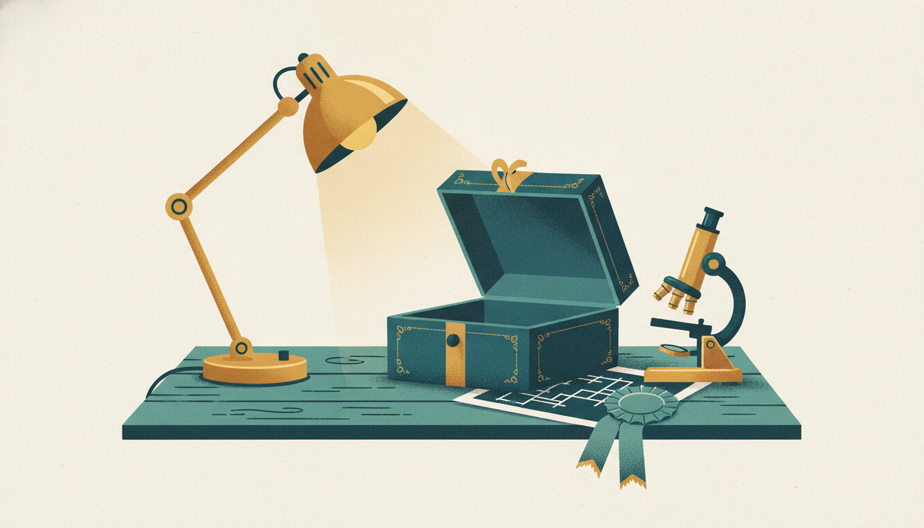 An empty velvet gift box rests on a wooden desk beside a brass microscope, a blueprint, and a blue ribbon.