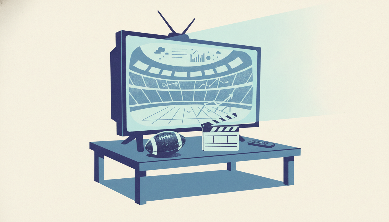 A worn football and a blank director's clapperboard sit on a table lit by the green glow of a television screen.