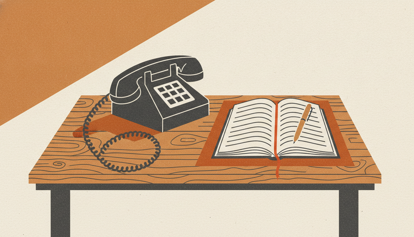 An office telephone rests with its cord unplugged next to an open notebook and a pen in quiet afternoon light.