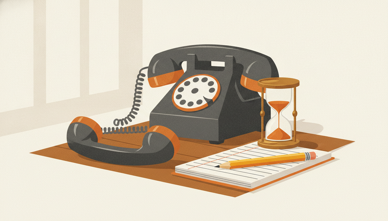 An office phone receiver sits off the hook beside a small hourglass and a pencil resting on a lined ledger.
