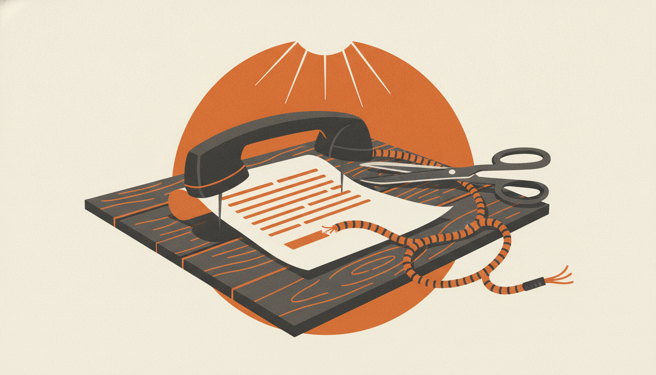 A black telephone receiver pins a document to a desk next to heavy shears that cleanly severed the coiled phone cord.