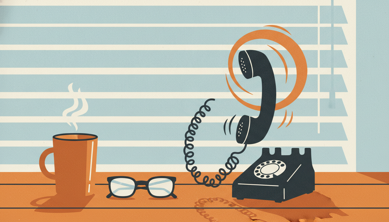 A telephone receiver rattles on a wooden table beside a steaming coffee mug in dim pre-dawn light.