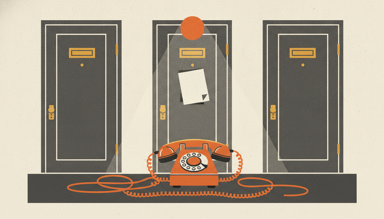 A telephone with a tangled cord sits before three closed doors, with a paper sliding into a brass mail slot.