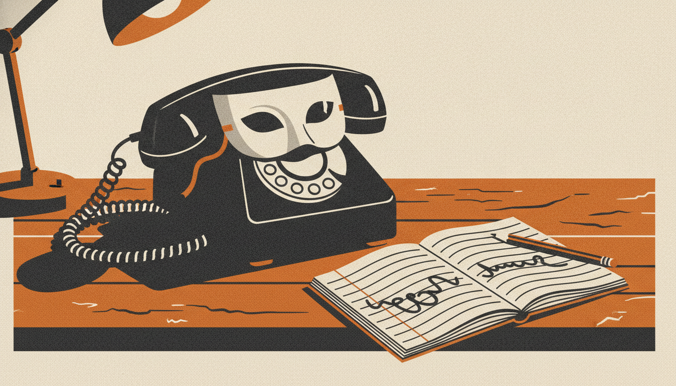 A desk telephone wearing a paper masquerade mask sits beside an open notebook and pencil under harsh lamplight.