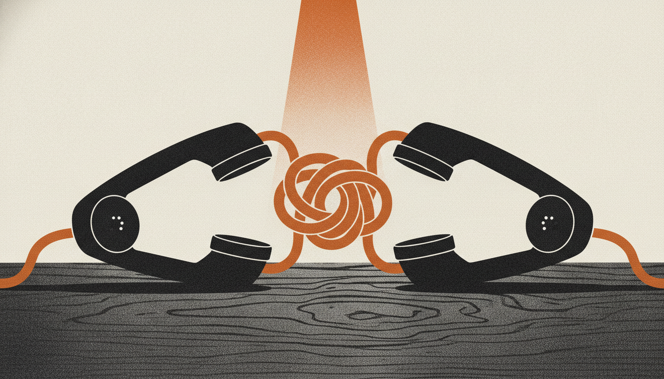 Two telephone receivers lie face-to-face on a wooden desk with their coiled cords tangled together under a spotlight.