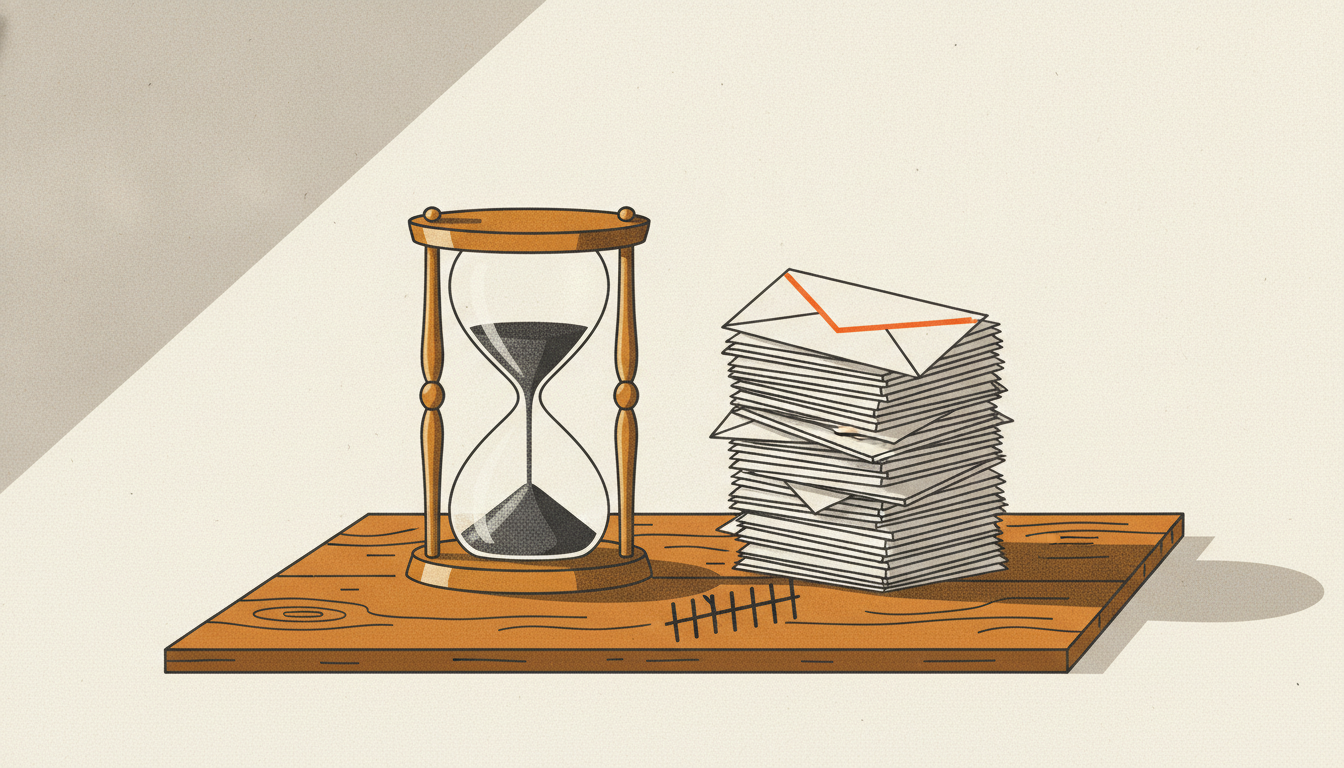 A brass sand timer sits beside a tall stack of blank envelopes and ten notches carved into a wooden desk.