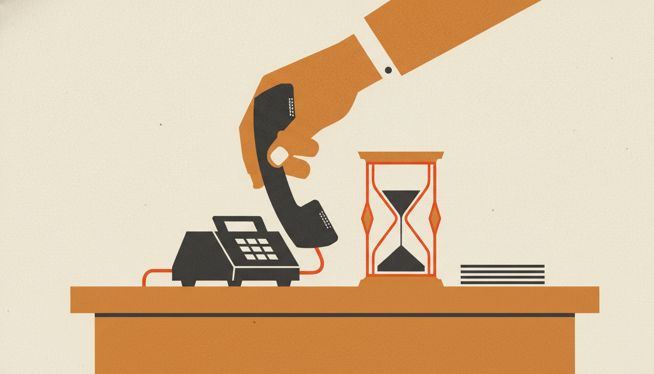 A hand rests an office telephone handset onto its cradle beside a small, fully drained hourglass on a front desk.