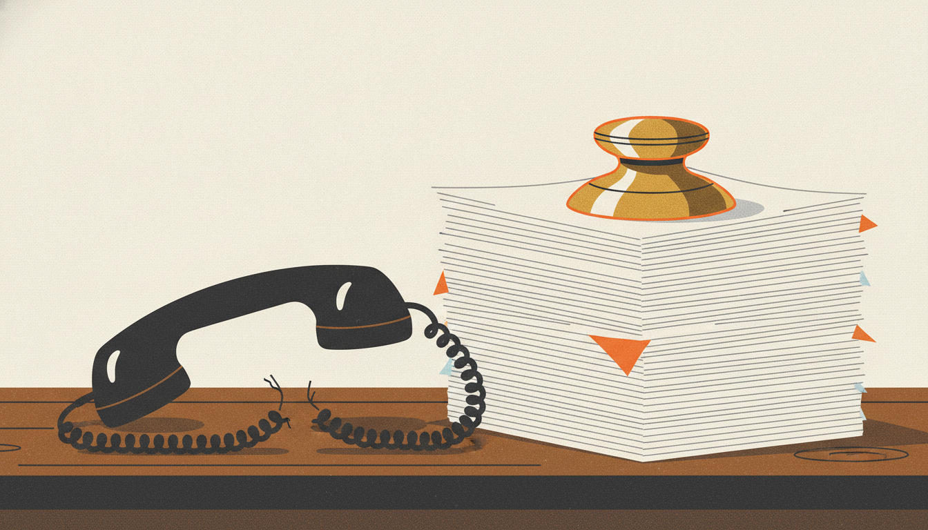 A telephone off the hook sits beside a severed cord and a stack of papers pinned by a brass weight.